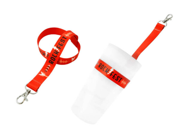 Red custom cup holder lanyard with Rock Fest print and reusable cup attachment.