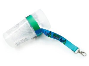 Personalized cup holder lanyard with music festival print attached to reusable plastic cup.