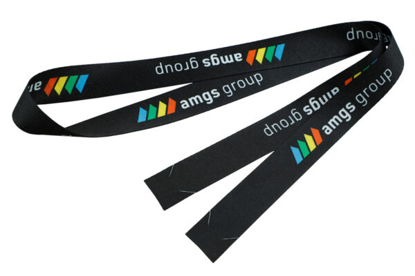 A personalized black r-PET lanyard with a repeating logo, arranged to display both ends with their hookless attachment slits.