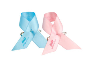 Satin awareness ribbons. Pink and blue satin awareness ribbon pins with printed logo, double-sided, manufacturer AMGS Group.