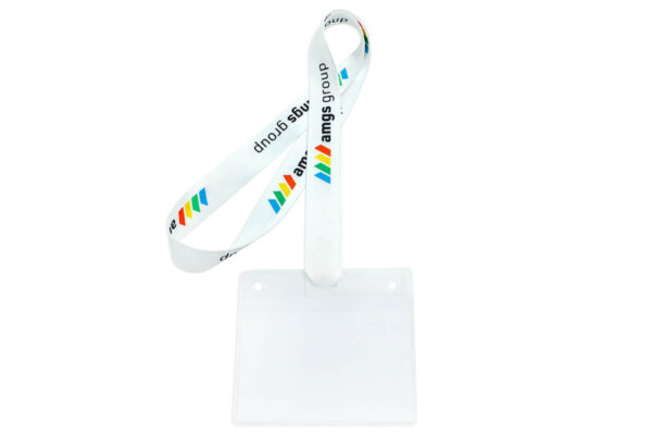 A pre-assembly view showing a white polyester lanyard with attachment slits next to a clear plastic ID holder.