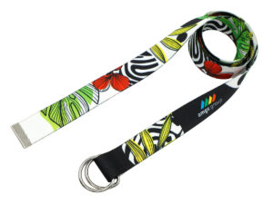 Custom promotional belt with sublimation print and metal D-ring buckle – top view.