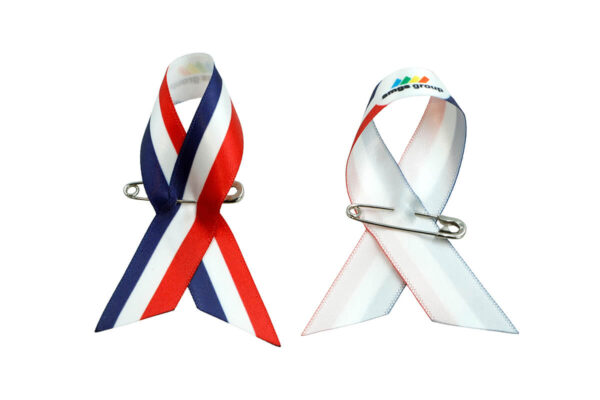 Set of satin awareness ribbon pins in tricolor and white-red design, one-side printed, manufacturer AMGS Group.