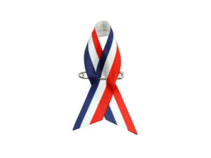 Tricolor satin awareness ribbon pin in red, white and navy, one-side printed, manufacturer AMGS Group.