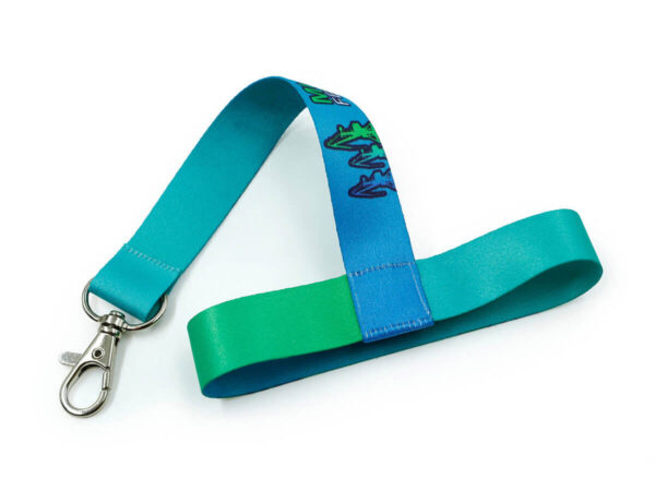 Custom cup holder lanyard in green and blue colors with printed festival graphics.