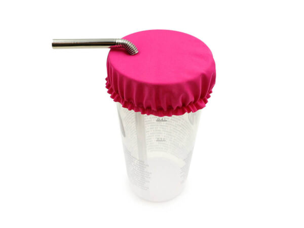 Pink promotional drink protector with logo on a reusable cup with a metal straw.