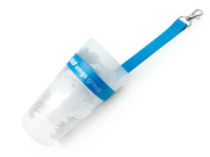 Custom Cup Holder Lanyard. Blue sublimated cup holder lanyard attached to reusable plastic event cup.