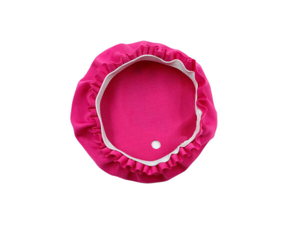 Inside view of a pink fabric cup lid showing the elastic band and reinforced straw hole.
