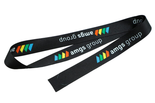 Custom rPET Lanyard strap for ID badges. Hookless r-PET Lanyard with Custom Logo. An event lanyard made from r-PET material coiled into a loop to showcase the print quality and fabric flexibility.