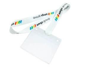 White polyester lanyard with a colorful custom logo print, directly attached to a transparent ID badge holder.