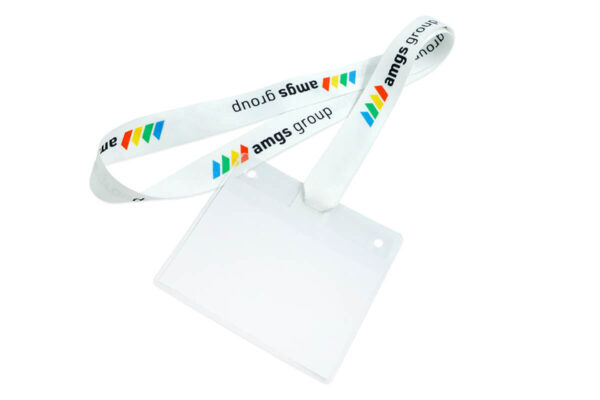 White polyester lanyard with a colorful custom logo print, directly attached to a transparent ID badge holder.