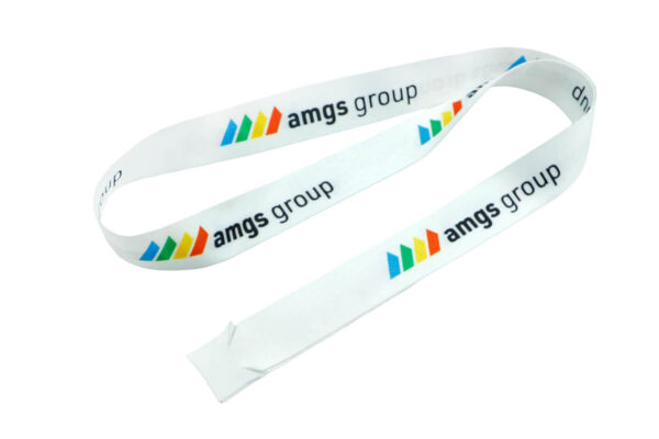 Custom Printed Lanyard Strap. Hookless Polyester Lanyard with Custom Logo. Angled view of a white lanyard with sublimation print, highlighting the texture and quality of the polyester material. AMGS Group.