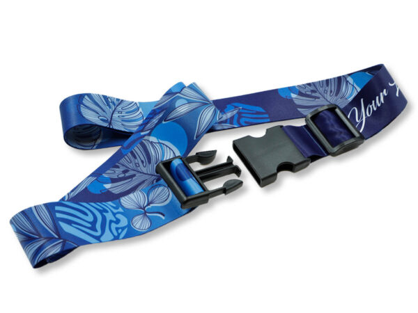 Branded luggage belt, featuring a colourful blue tropical pattern and an open, adjustable quick-release buckle for securing baggage.