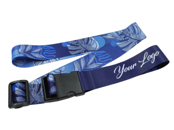 Custom printed luggage strap by AMGS Group featuring a vibrant blue tropical leaf pattern and a prominent 'Your Logo' placement.