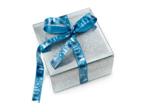 Silver corporate gift box tied with a double-sided sublimation satin ribbon (Design 1). Manufacturer AMGS Group.