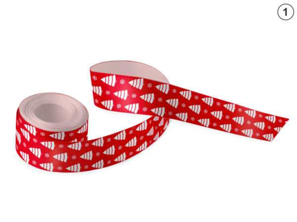 Christmas Satin Ribbon 15 mm. Red Christmas ribbon with a white repeating pattern of trees and snowflakes (Design 6). Used for corporate and promotional packaging. Manufacturer AMGS Group.