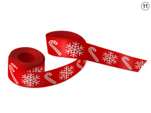 B2B Christmas Satin Ribbons. Red double-sided sublimation ribbon featuring a pattern of candy canes and snowflakes (Design 11). Ideal for client and employee gift packages. Manufacturer AMGS Group.