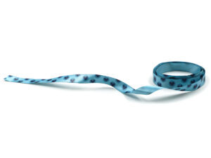 Blue satin ribbon with double-sided heart pattern print. Premium decorative ribbon with visible design on both sides. Manufacturer AMGS Group.