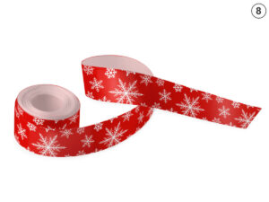 Red full-sublimation satin ribbon, white snowflake pattern (Design 8). Ideal for elegant corporate gift wrapping. Manufacturer AMGS Group.
