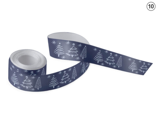 Navy blue satin ribbon with an elegant white pattern of trees and stars (Design 10). Classic branding for company giveaways. Manufacturer AMGS Group.
