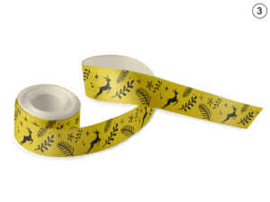 Mustard yellow satin ribbon with black print: reindeer, branches, and stars (Design 3). Unique pattern for elegant business packages. Manufacturer AMGS Group.