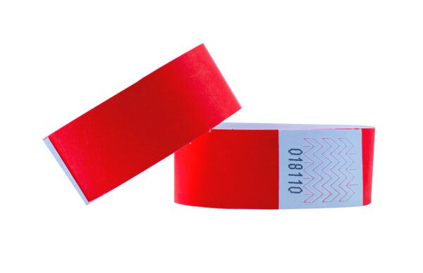 Wide red Tyvek wristband, 25mm. Bold color for security staff and access control. Manufacturer AMGS Group.