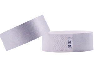 Silver metallic Tyvek wristband, 25mm. Elegant VIP identification suitable for screen printing. Manufacturer AMGS Group.
